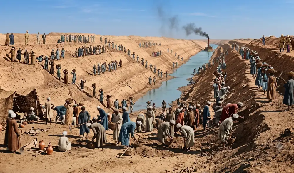 El Canal de Suez se construyó entre los años 1859 y 1869, tardando diez años en terminarse. Foto: Gemini IA El Canal de Suez se construyó entre los años 1859 y 1869, tardando diez años en terminarse. Foto: Gemini IA
