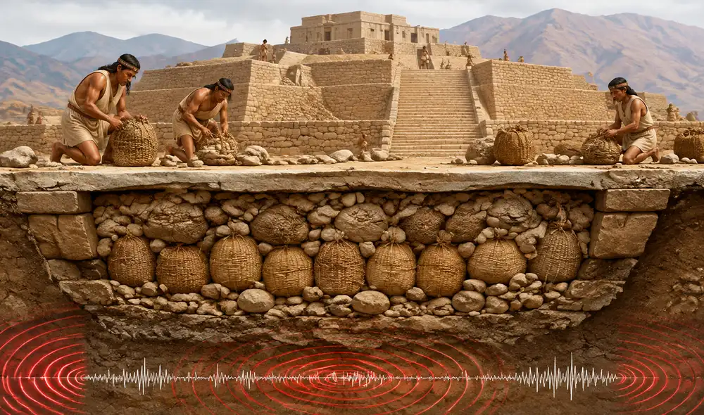 Investigadores de la PUCP revelaron que las mallas de shicras, hechas de fibra vegetal y rocas, optimizaban la estabilidad de pirámides en Caral al disipar la energía sísmica.