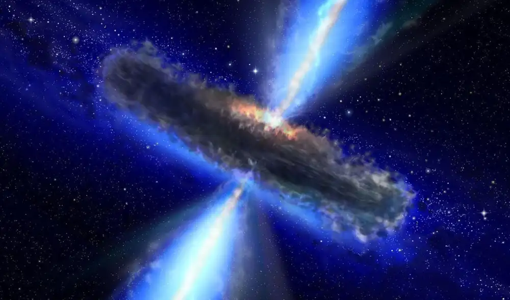 Un cuásar similar a APM 08279+5255, con gas y polvo alrededor del agujero negro que lo alimenta. Foto: NASA/ESA Un cuásar similar a APM 08279+5255, con gas y polvo alrededor del agujero negro que lo alimenta. Foto: NASA/ESA