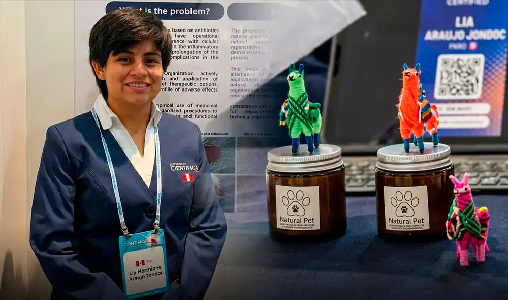 La joven veterinaria peruana Lía Araujo Jondec crea un innovador emplasto botánico para tratar lesiones cutáneas en mascotas, combinando llantén, sábila, árnica y chupasangre.