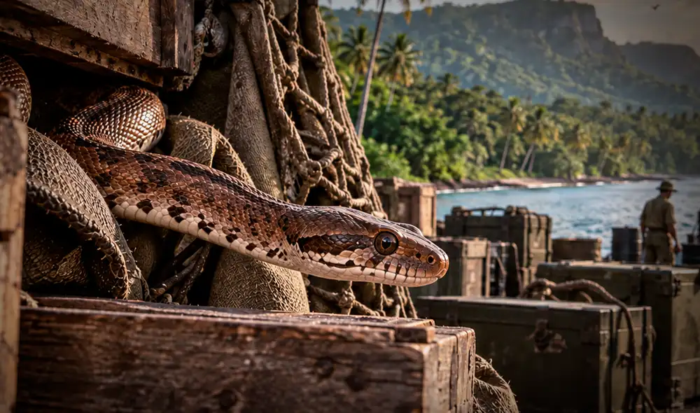 La llegada de la serpiente arbórea marrón a Guam, tras la Segunda Guerra Mundial, desató un colapso ecológico que llevó a la extinción de casi todas las aves nativas de la isla. La llegada de la serpiente arbórea marrón a Guam, tras la Segunda Guerra Mundial, desató un colapso ecológico que llevó a la extinción de casi todas las aves nativas de la isla.