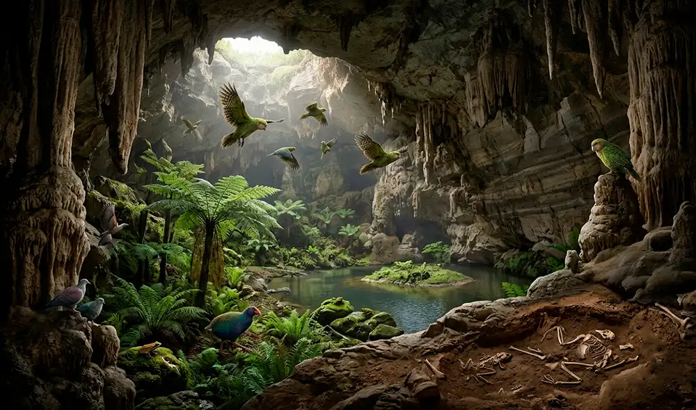La cueva Moa Eggshell reveló aves que desaparecieron millones de años antes de que los humanos. Foto: Gemini IA