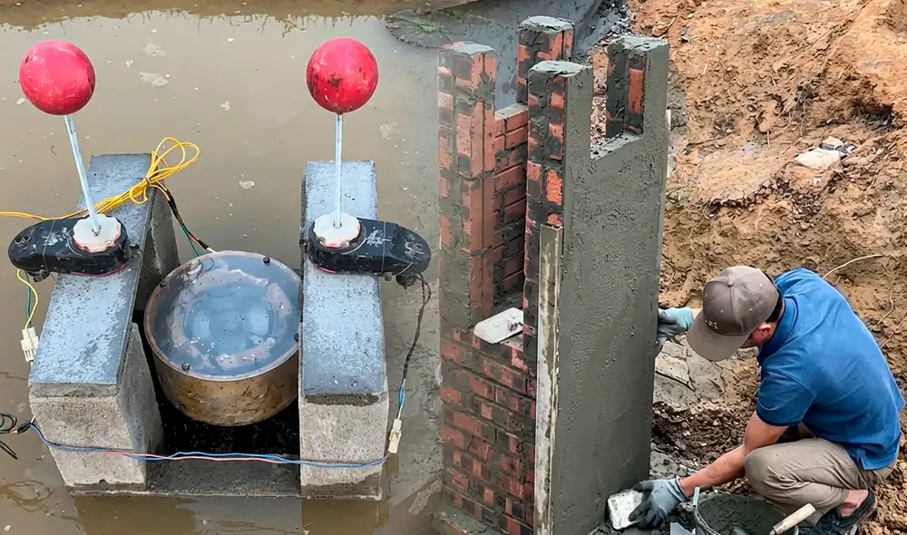 Chien-Tran mide el terreno y edifica muros de ladrillo para canalizar el agua hacia una rueda hidráulica. Esto le permite aprovechar el flujo acuático y obtener energía para su hogar.