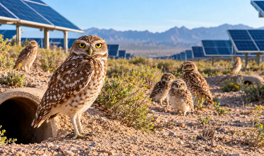 Un total de 19 búhos excavadores amenazados encontraron refugio en el complejo solar Sun Streams, en Tonopah, Arizona, tras ser trasladados en marzo de 2025.