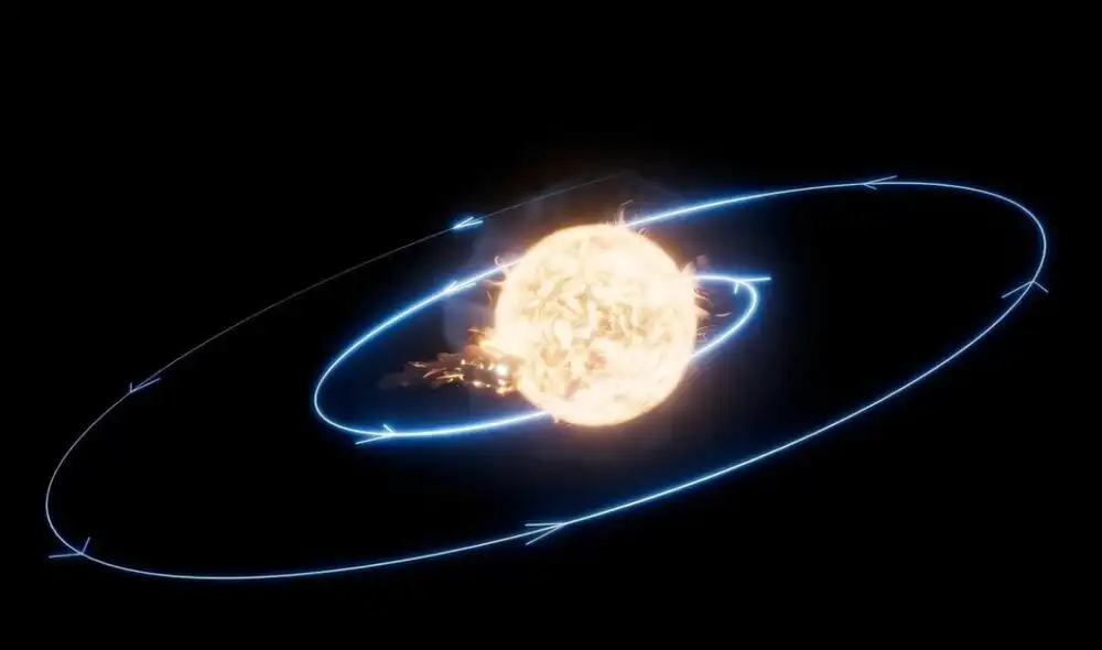 En esta ilustración, una hipotética supertierra, Dev Dilek, se precipita en espiral hacia el joven Sol. Foto: NASA/ESA/CSA/Ralf Crawford En esta ilustración, una hipotética supertierra, Dev Dilek, se precipita en espiral hacia el joven Sol. Foto: NASA/ESA/CSA/Ralf Crawford