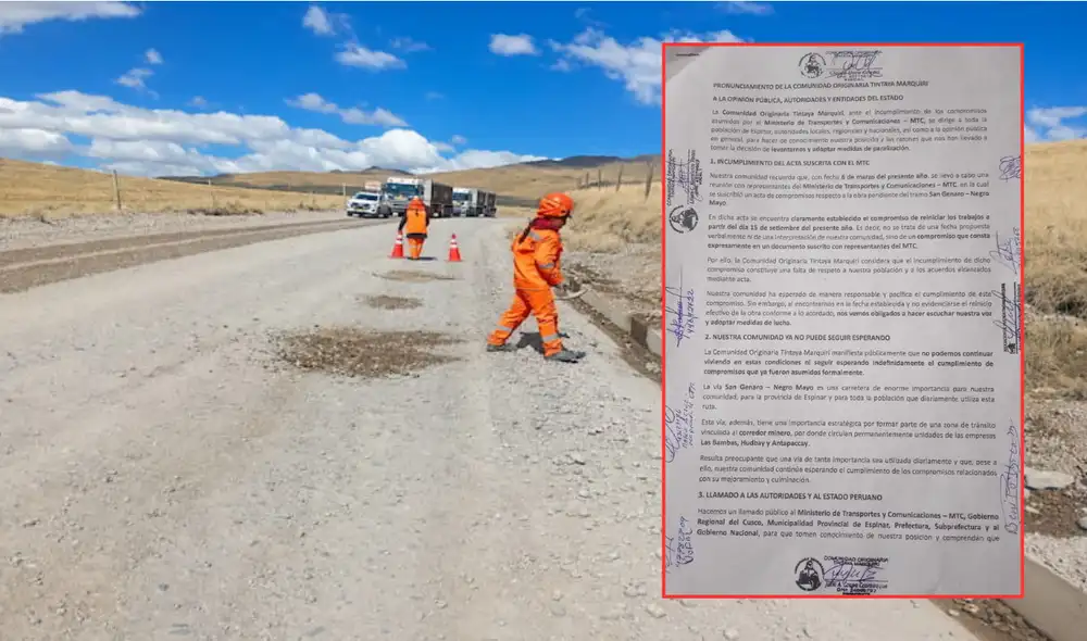 Comunidades anuncian paralización de la vía en el tramo San Genaro - Negromayo -tras incumplimiento del MTC de culminar obras.