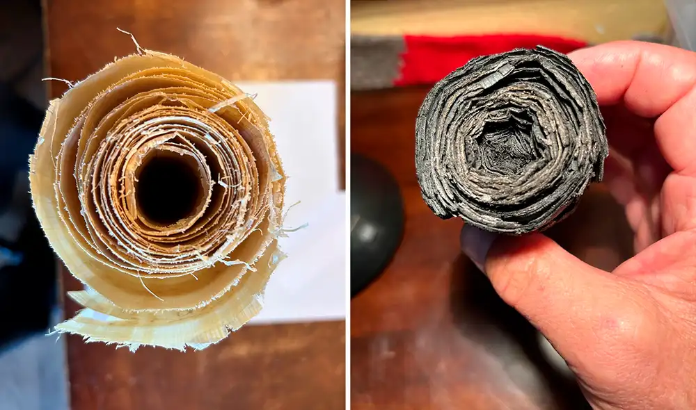 Uno de varios rollos de papiro antes de la carbonización (izquierda) y después de la carbonización (derecha). Foto: PLOS One Uno de varios rollos de papiro antes de la carbonización (izquierda) y después de la carbonización (derecha). Foto: PLOS One