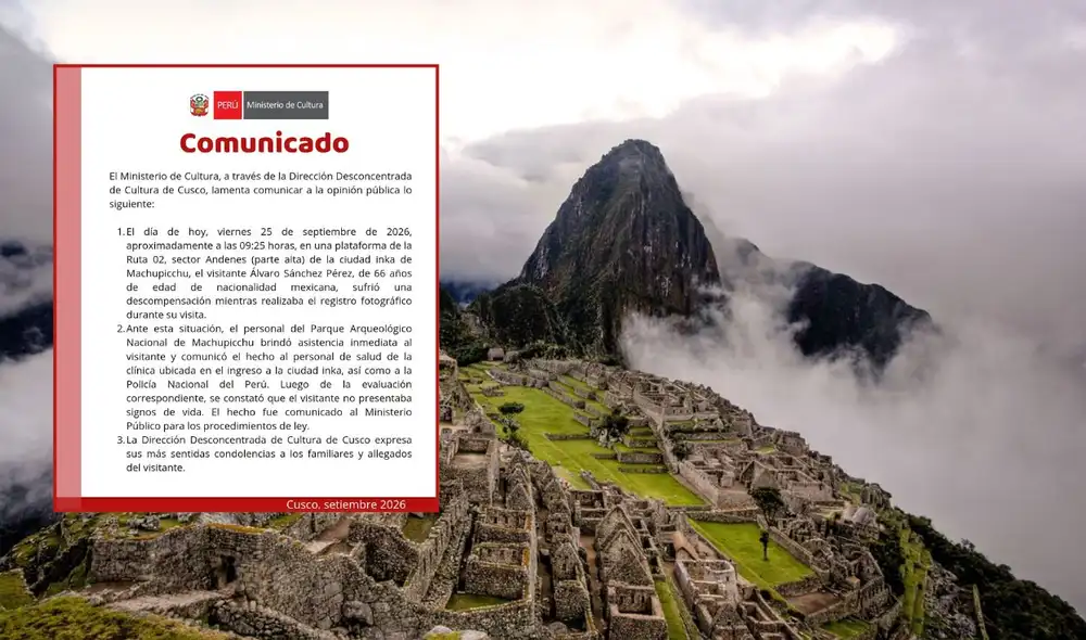 Un turista mexicano de 66 años, Álvaro Sánchez Pérez, falleció en Machu Picchu tras sufrir una descompensación durante su visita el 25 de septiembre de 2026.