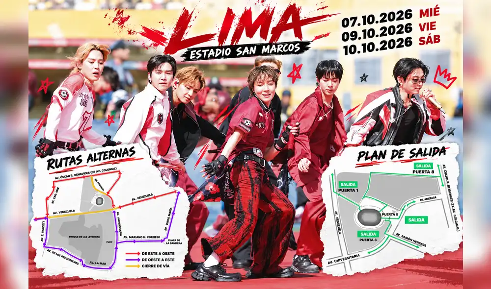 BTS se presentará en Lima como parte de su 'BTS WORLD TOUR 'ARIRANG', con tres conciertos programados para el 7, 9 y 10 de octubre en el Estadio San Marcos. Foto: composición LR/AFP BTS se presentará en Lima como parte de su 'BTS WORLD TOUR 'ARIRANG', con tres conciertos programados para el 7, 9 y 10 de octubre en el Estadio San Marcos. Foto: composición LR/AFP