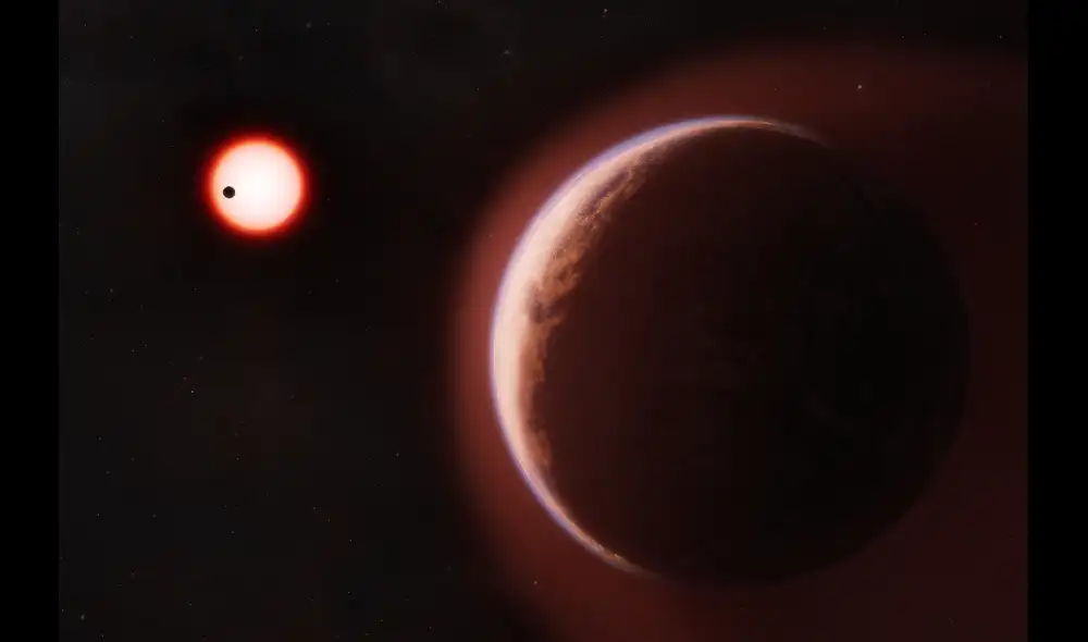 El exoplaneta LHS 1140 b se muestra en primer plano, rodeado por una atmósfera rica en helio. Foto: Melissa Weiss/Centro de Astrofísica Harvard & Smithsonian/ilustración