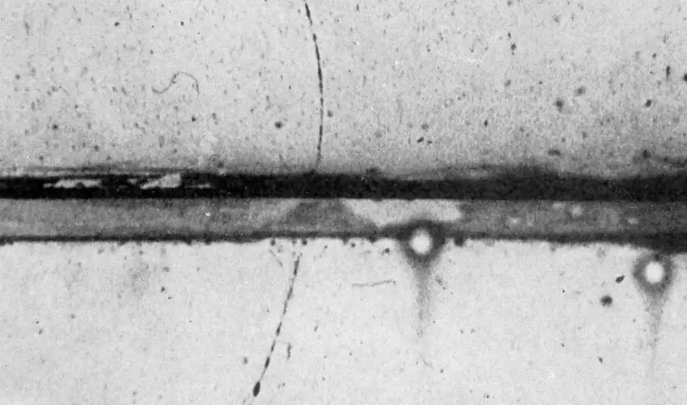 Fotografía tomada en una cámara de niebla del primer positrón jamás identificado. Foto: Wikimedia Fotografía tomada en una cámara de niebla del primer positrón jamás identificado. Foto: Wikimedia
