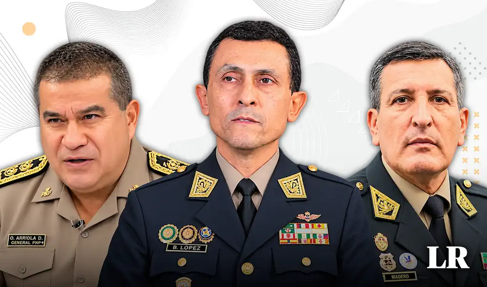 De izquierda a derecha el teniente general (r) Oscar Arriola, el comandante general Fredy López Mendoza, y el teniente general Augusto Ríos Tiravanti. Foto: Composición LR