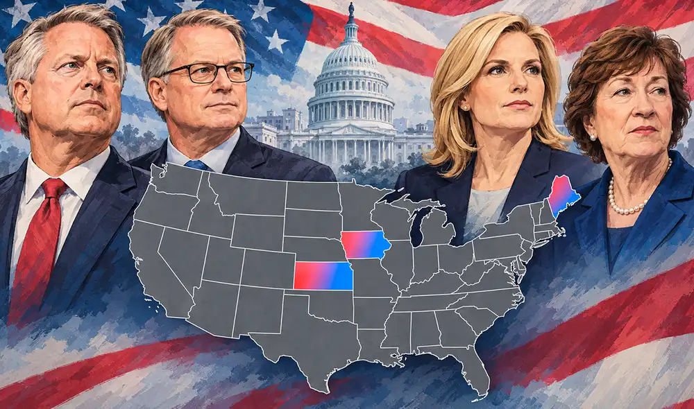 Las elecciones intermedias de EE.UU. el 3 de noviembre de 2026 se centran en Kansas, Iowa y Maine, considerados campos de batalla clave sin un claro favorito, según el Cook Political Report.