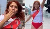 Marina Gold celebra su reciente éxito con la camiseta de la selección peruana en las calles