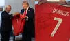 La camiseta firmada por Cristiano Ronaldo dice ''Jugando por la paz'', y se le regala a Trump en la Cumbre G7, en medio del conflicto en Medio Oriente.