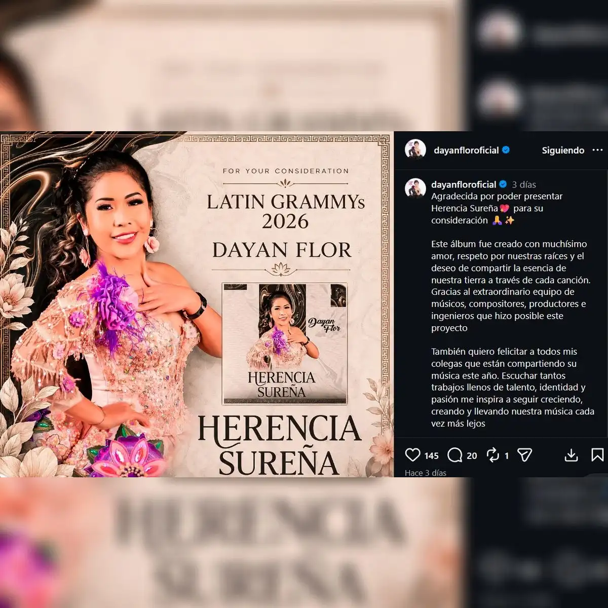 Dayan Flor postula a los Latin Grammy 2026.
