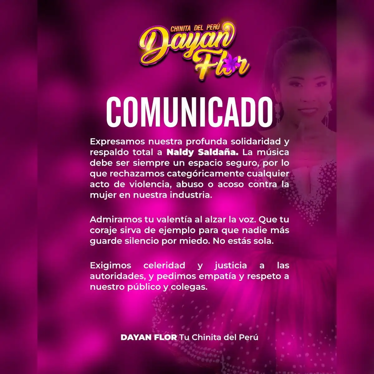 Comunicado de Dayan Flores sobre el caso Naldy Saldaña.