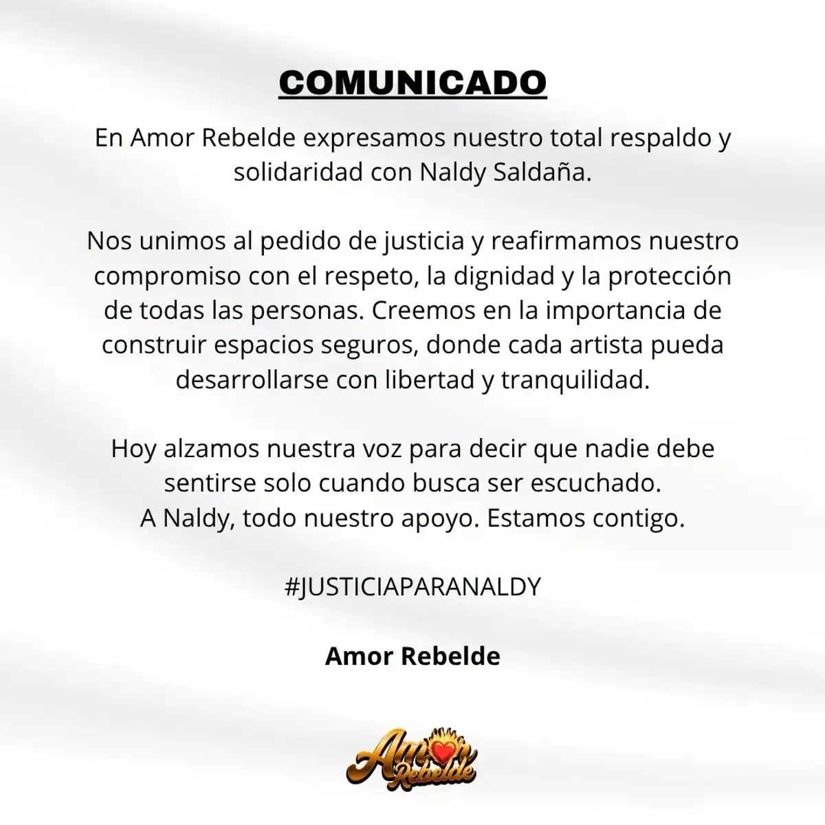 Comunicado de Amor Rebelde para apoyar a Naldy Saldaña.