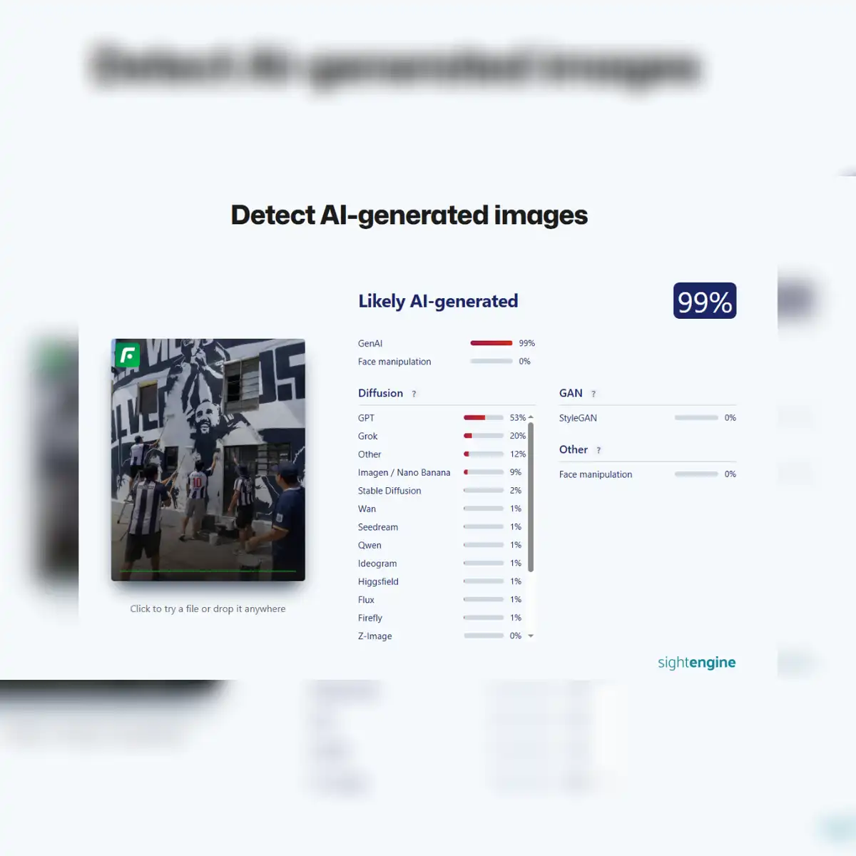 Análisis de la imagen viralizada con Sightengine. Foto: Sightengine