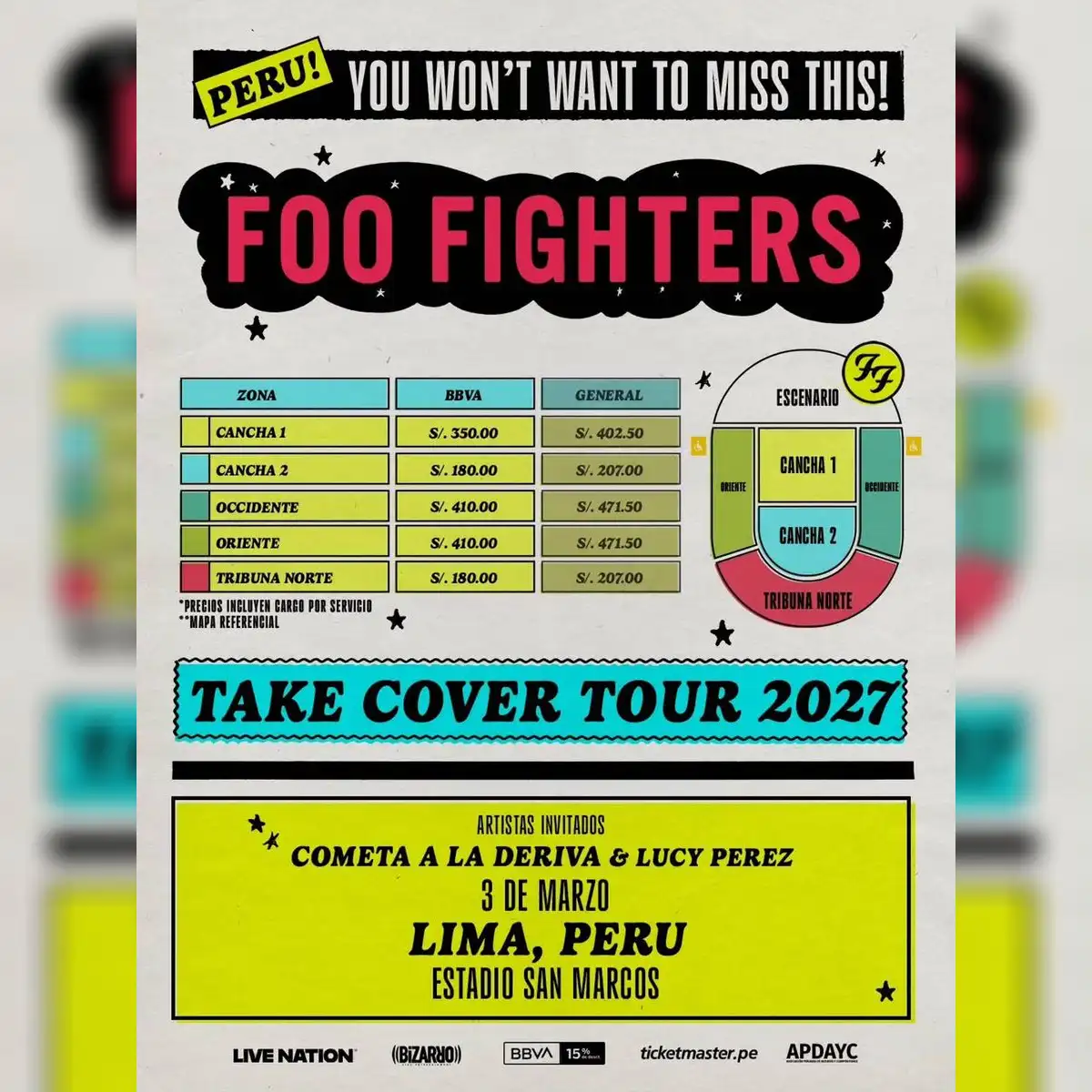Zonas y precios para el concierto de Foo Fighters en Perú 2027