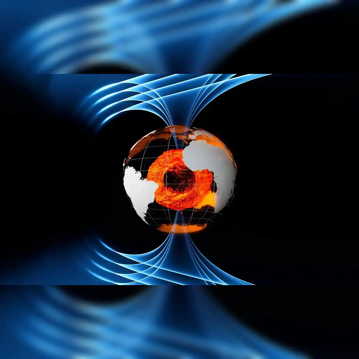 Se cree que el campo magnético terrestre se genera en gran medida por un océano de hierro líquido sobrecalentado y en constante movimiento que conforma el núcleo externo de la Tierra, a 3.000 km de profundidad. Foto: ESA/AOES Medialab