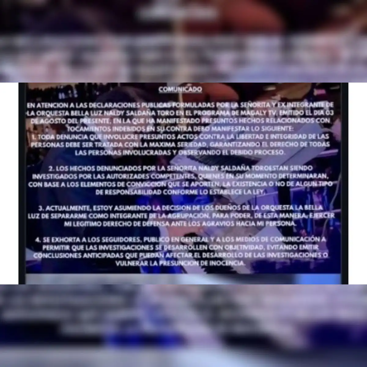Comunicado de César Sánchez tras ser denunciado por Naldy Saldaña.