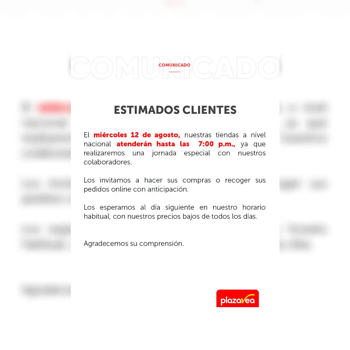 Horario especial de Plaza Vea para este miércoles 12 de agosto.