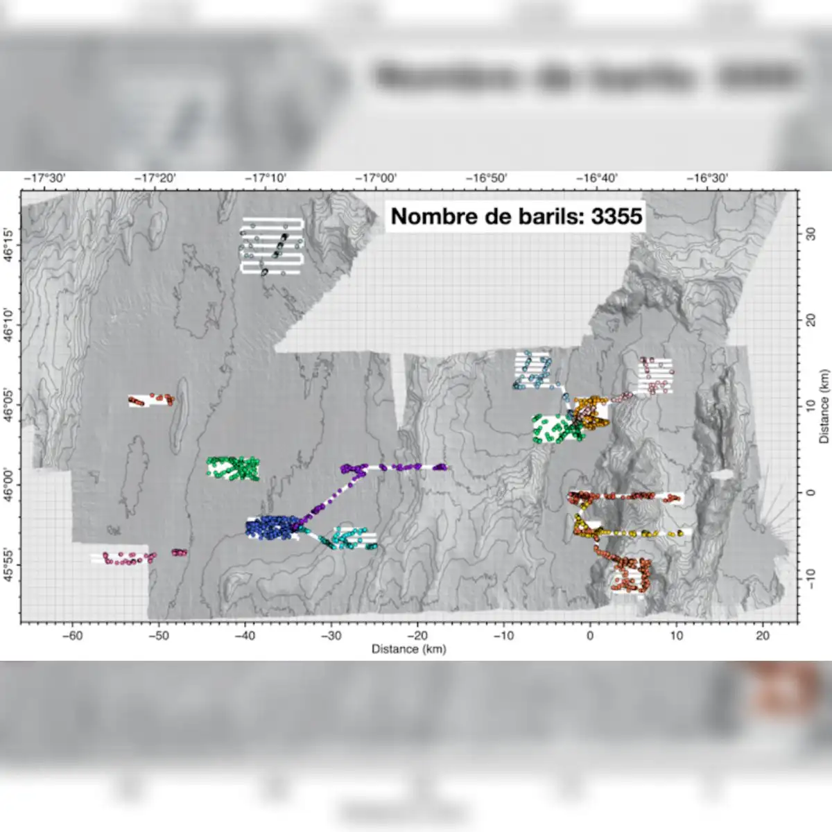Mapa de barriles identificados y áreas cartografiadas por el vehículo submarino autónomo (AUV) UlyX. Foto: Flotte océanographique française