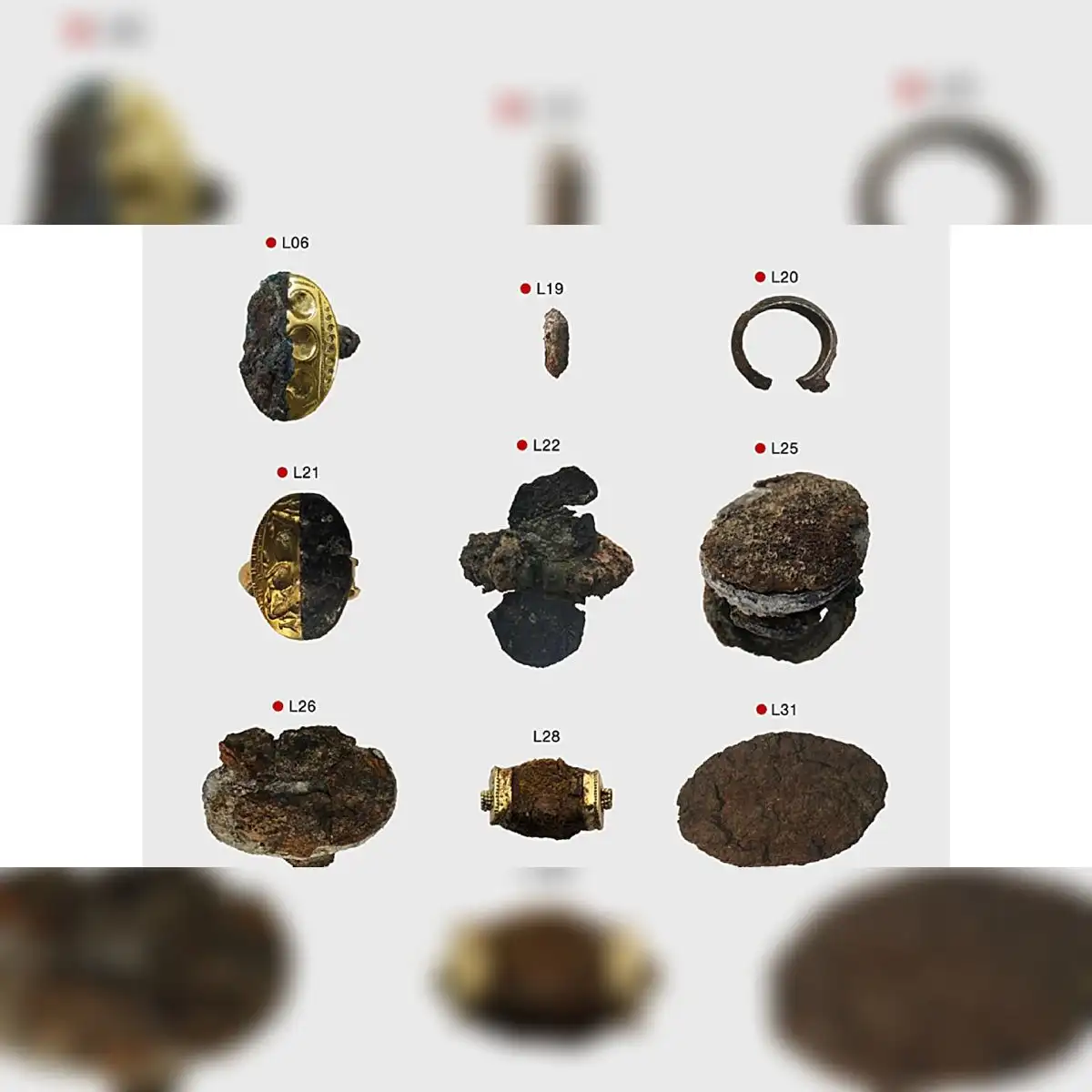Selección de joyas de hierro de la Edad del Bronce Tardía (L). El punto rojo indica un artefacto que contiene níquel. Foto: Journal of Archaeological Science