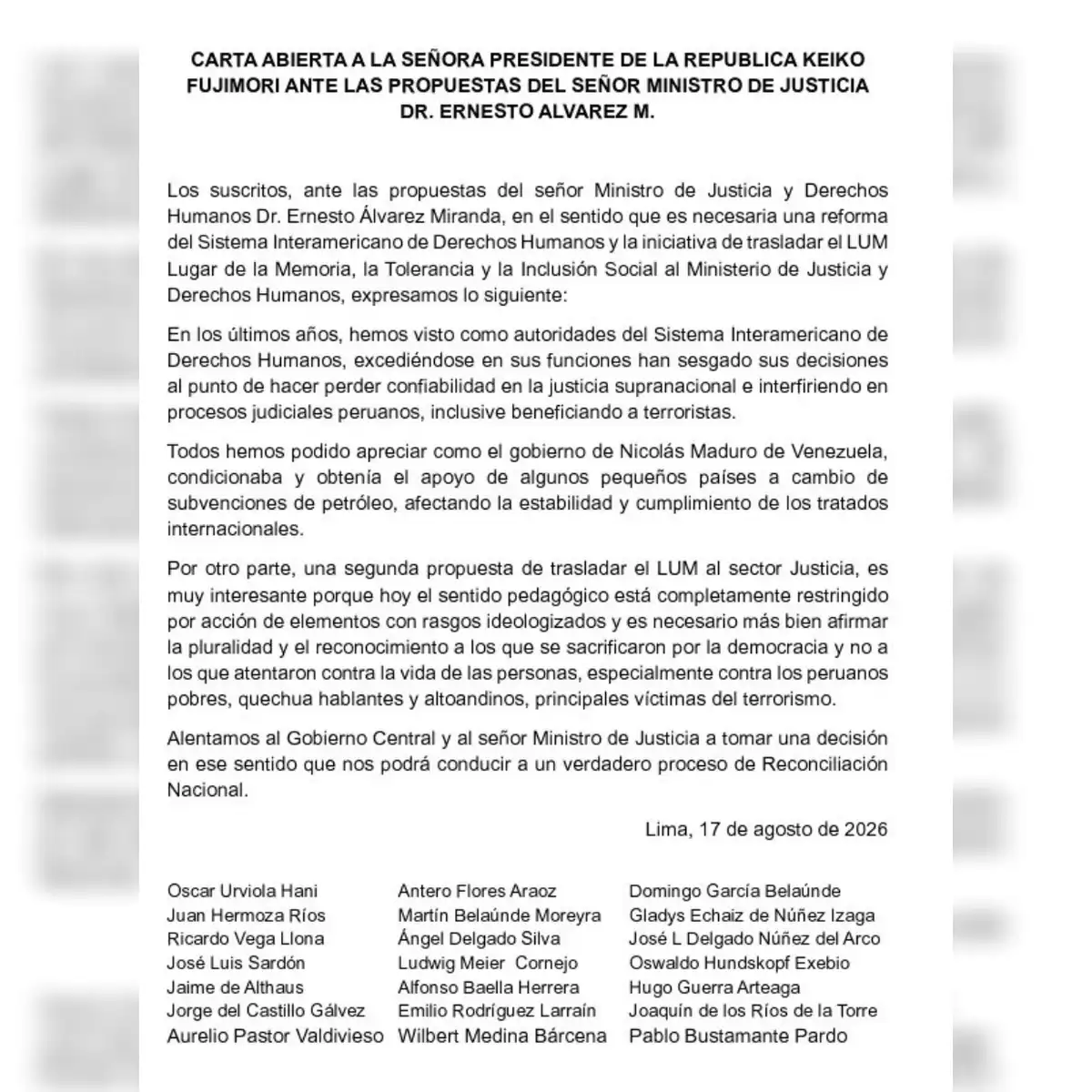 Carta firmada por diversos juristas.
