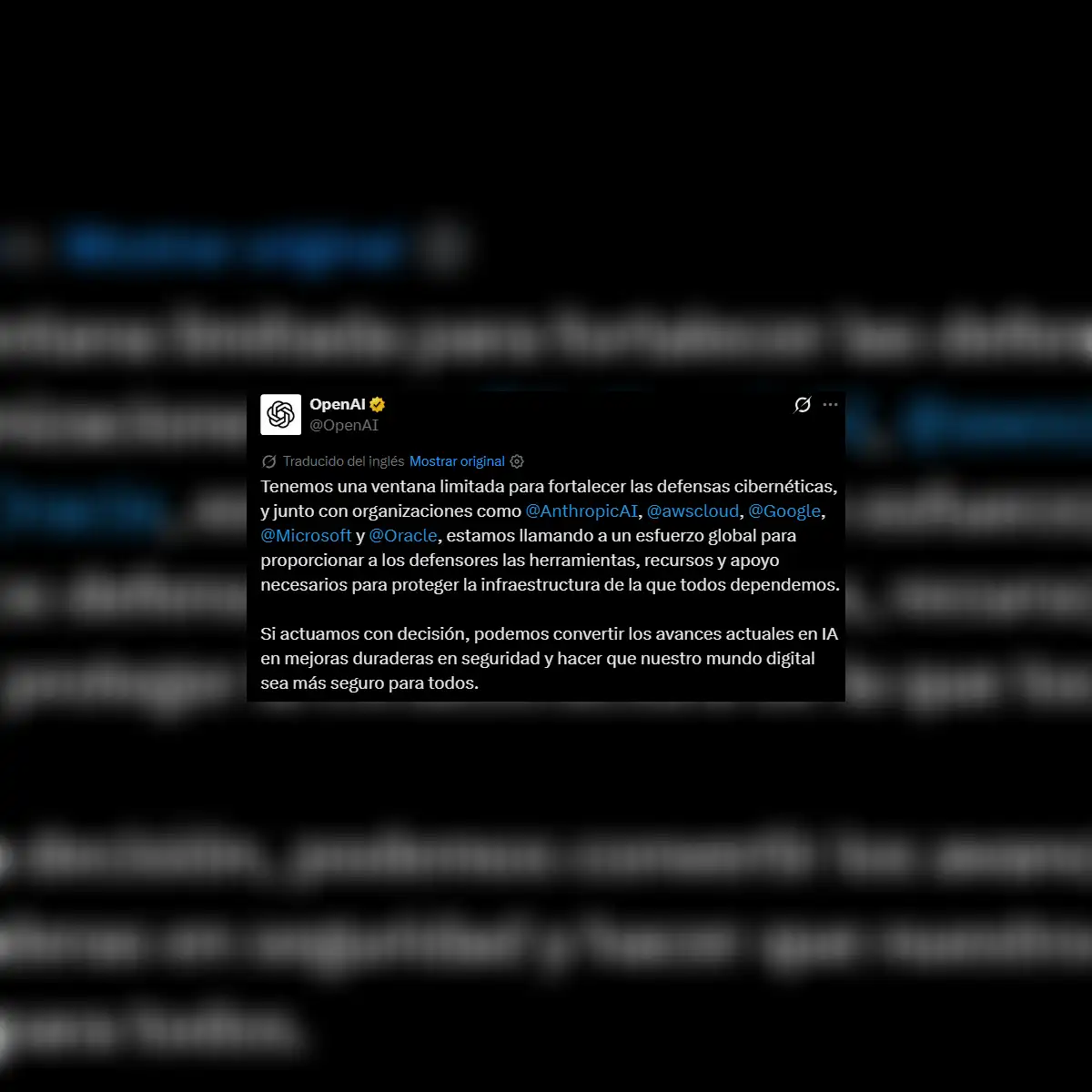 El comunicado fue publicado en las cuentas oficiales de Open AI, así como Anthopic , Google entre las otras empresas firmantes.