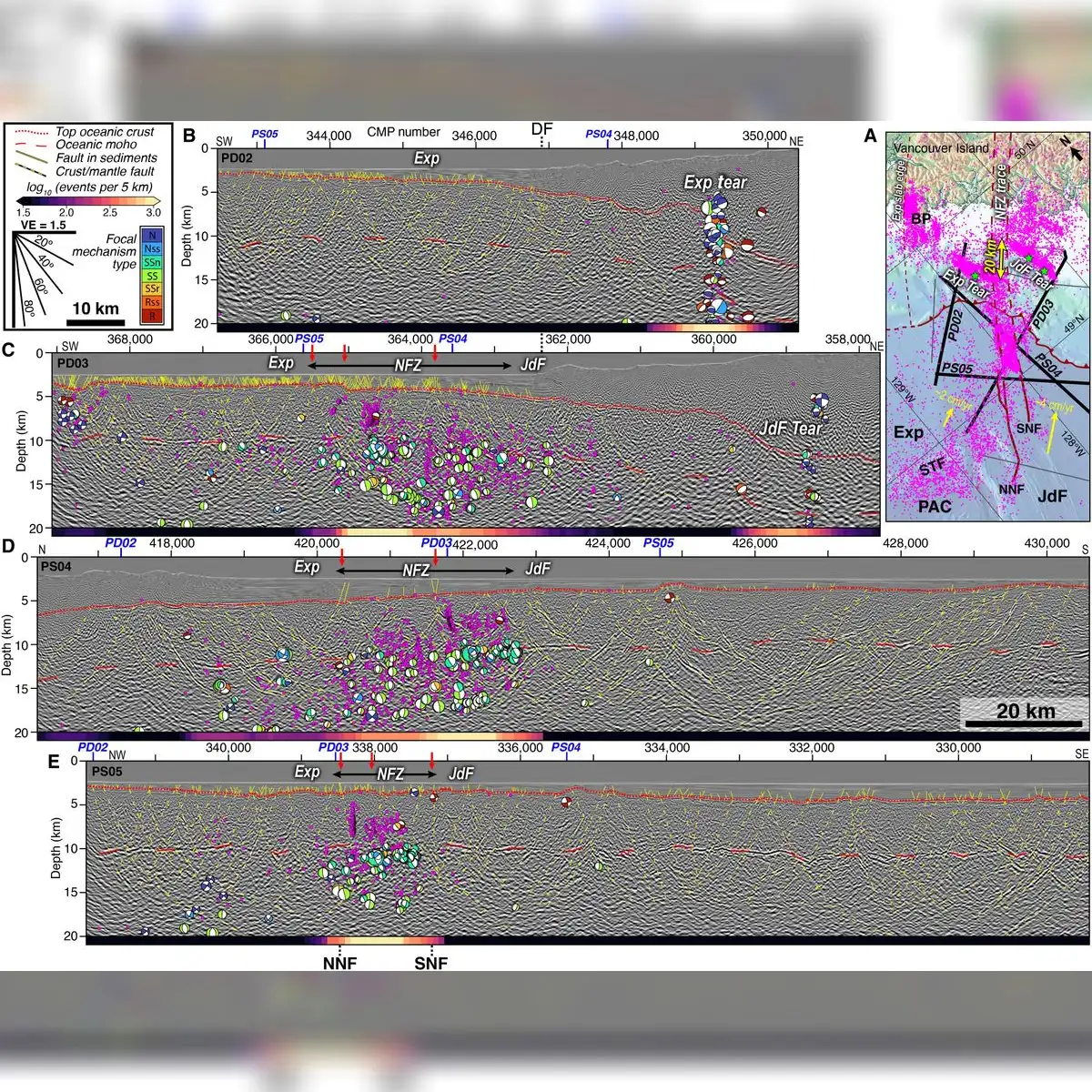 Imágenes de reflexión sísmica de la zona de falla de NFZ y de las placas subducidas Exp y JdF. Foto: Science Advances