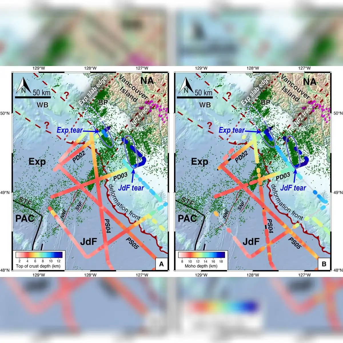 Vista en mapa de la estructura de la losa y la sismicidad observadas en la región norte de la isla de Vancouver. Foto: Science Advances