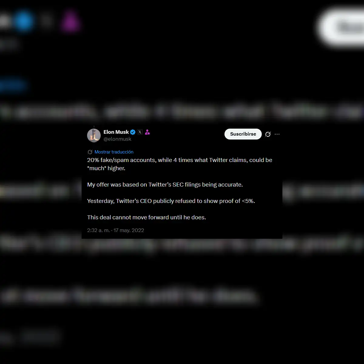 Musk tuiteó que, en 2022, 20% de las cuentas de X eran falsas o spam.