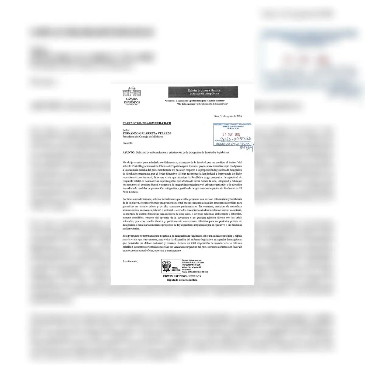 Espinoza precisó que su planteamiento no supone una negativa a otorgar facultades al Ejecutivo.