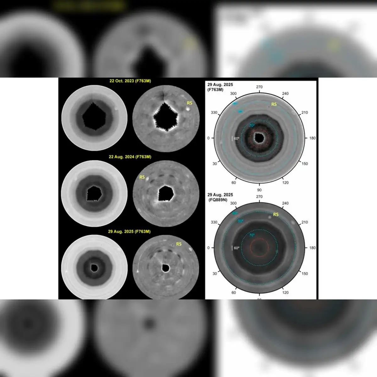 Observaciones del Hubble que muestran la aparición del decágono polar sur de Saturno entre 2023 y 2025. Foto: Sánchez-Lavega