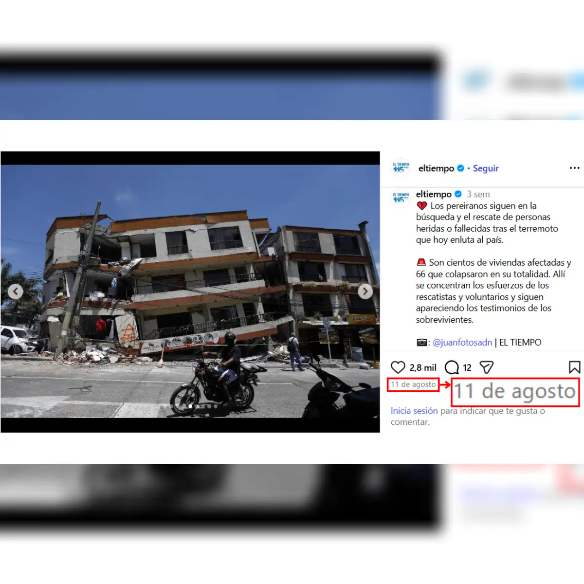 El Tiempo publicó una fotografía desde otro ángulo el 11 de agosto. Foto: El Tiempo (Instagram)