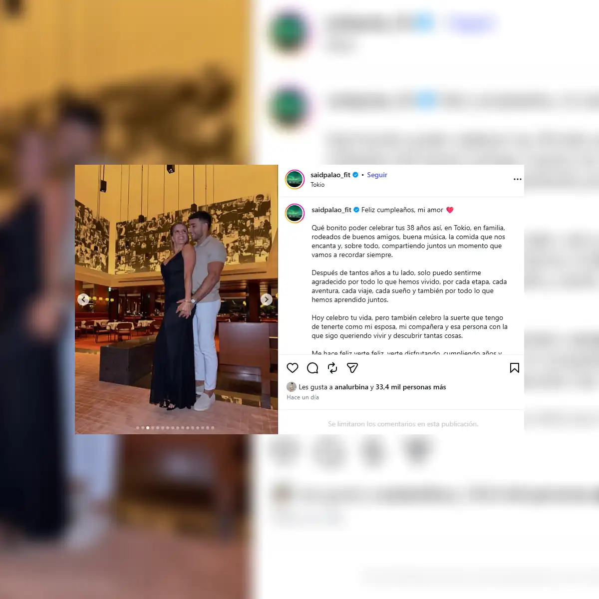 Dedicatoria de Said Palao en el cumpleaños de su esposa Alejandra Baigorria