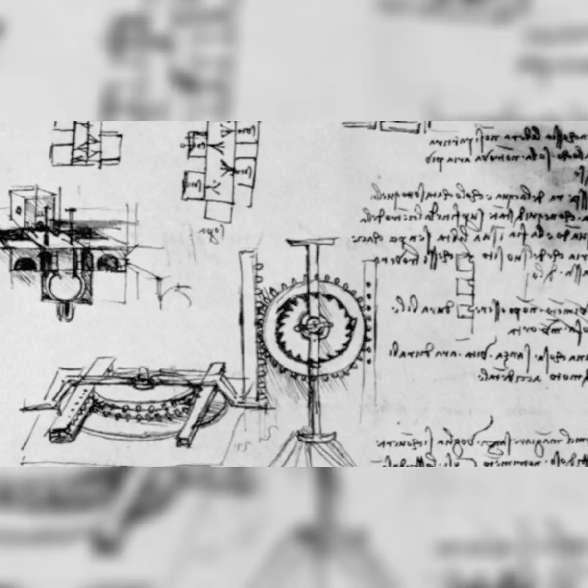 Bocetos del cuaderno de notas de Leonardo Da Vinci y su famoso estilo de “escritura especular”.