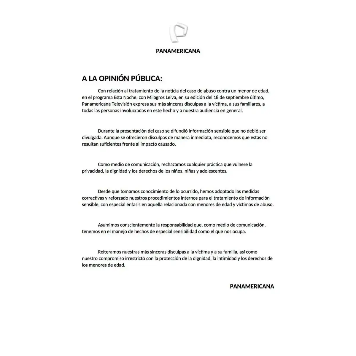 Comunicado de Panamericana Televisión.