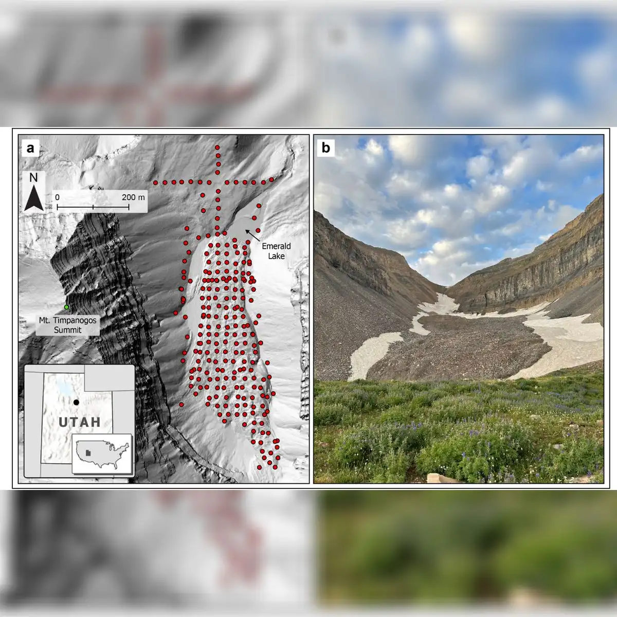 Mapa e imagen del glaciar rocoso moderno de Timpanogos. Foto: Universidad de Utah