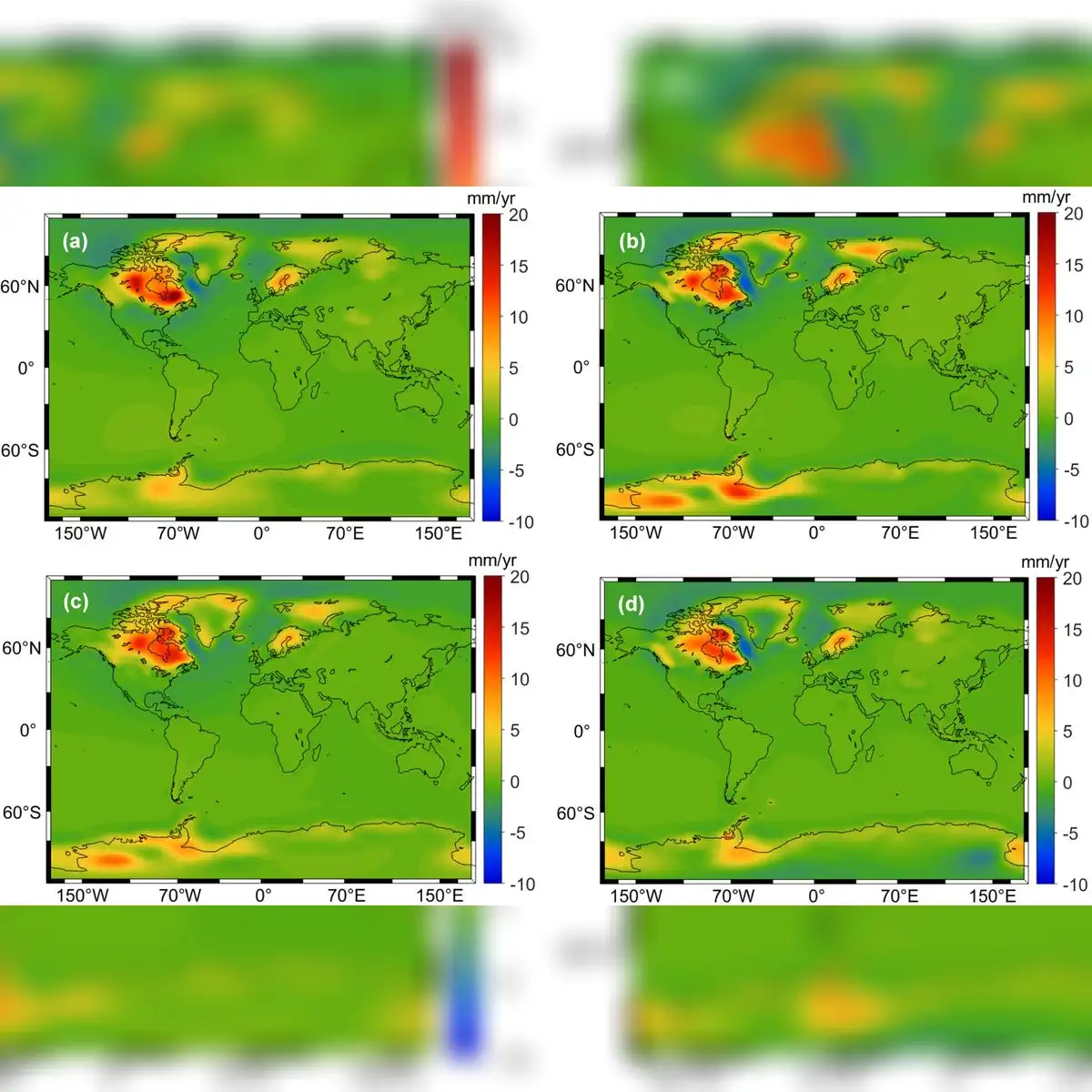 Velocidad vertical terrestre en modelos de ajuste isostático glacial: JPL2019, ICE-6G_C, ICE-7G_NA y LM17.3. Foto: Geophysical Journal International