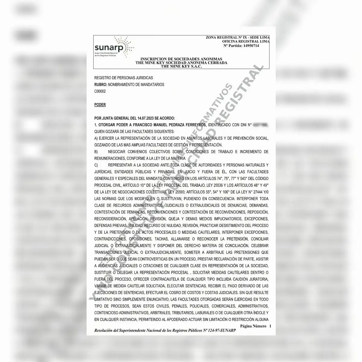 Documento donde constan las atribuciones otorgadas a Francisco Pedraza Ferreyros por parte de The Mine Key S.A.C.