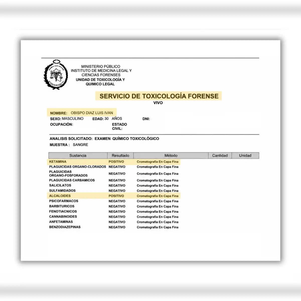 Resultado. El peritaje toxicológico aplicado a Luis Obispo Díaz revela que había consumido ketamina y alcaloide cuando cometió el homicidio. Foto: La República