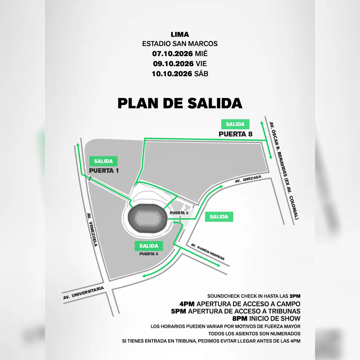 Plan de salida para los conciertos de BTS en Lima 2026.