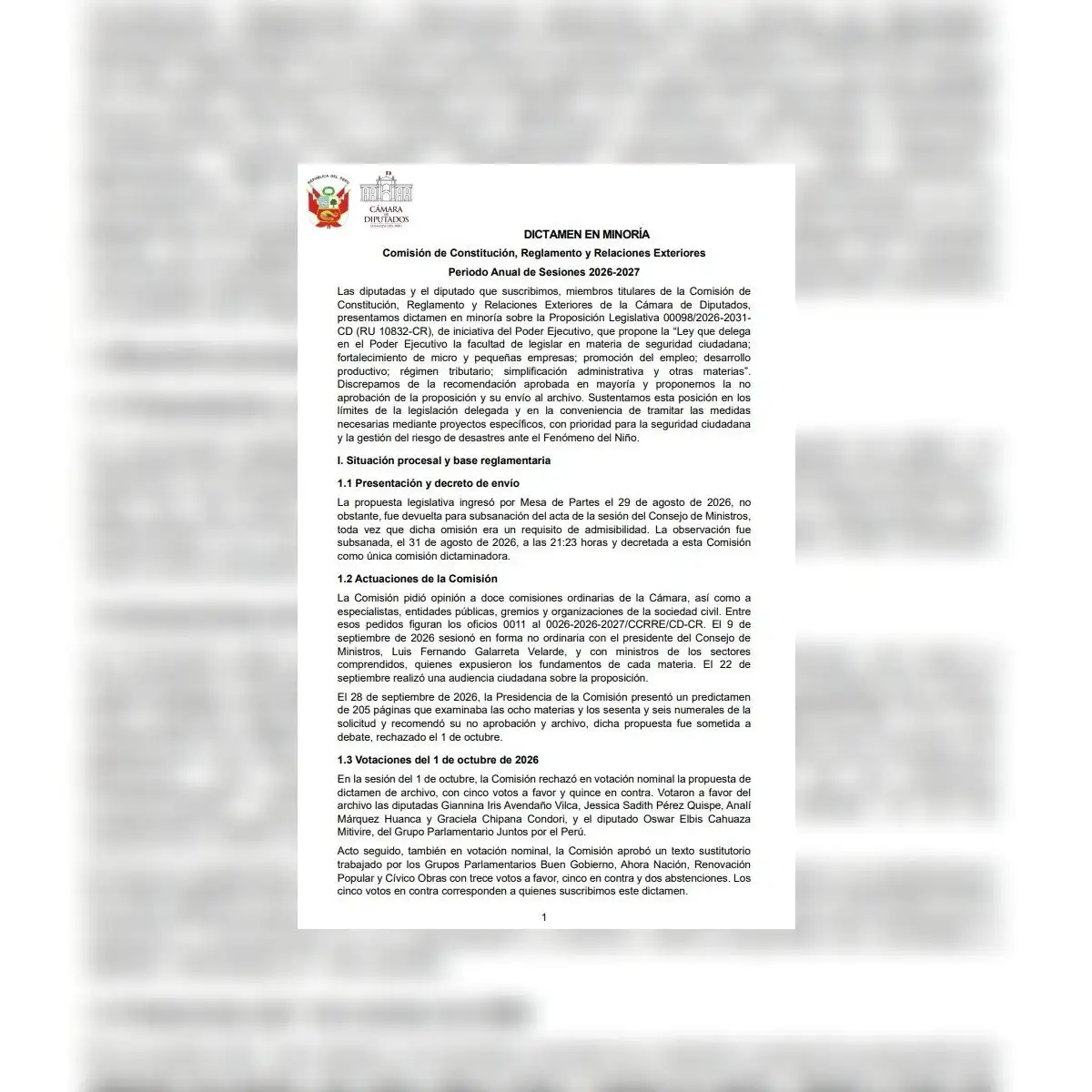 Dictamen en minoría de Juntos por el Perú que rechaza otorgar facultades al Ejecutivo.