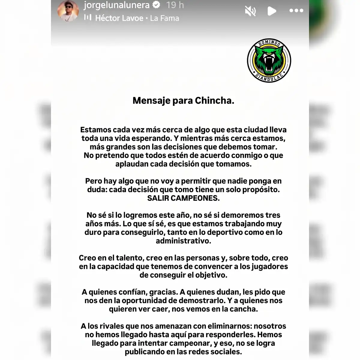 Pronunciamiento de Jorge Luna tras el fichaje de Jean Deza. Composición LR. Instagram