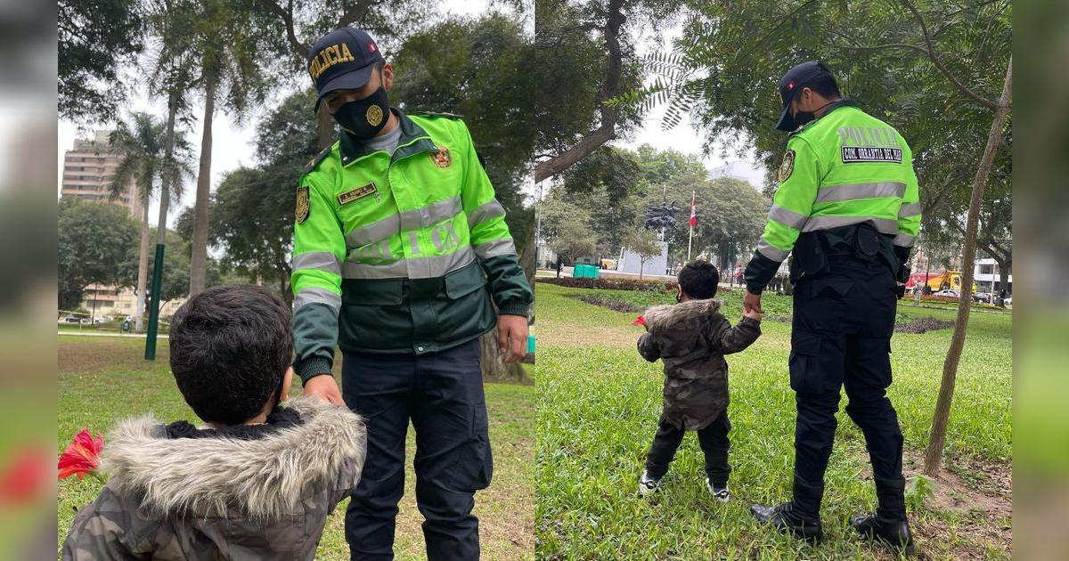 Policía y niño protagonizan tierna escena mientras caminan de la mano