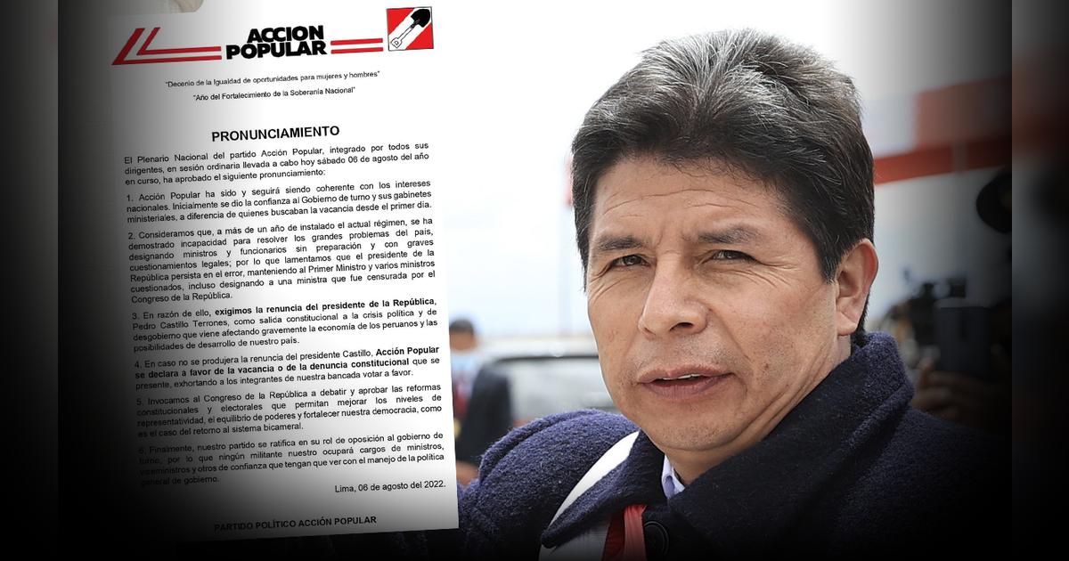 Pedro Castillo | Acción Popular: partido exige la renuncia del ...