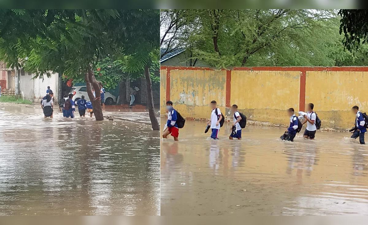 Piura: escolares piuranos cruzan calles inundadas de agua y lluvias ...